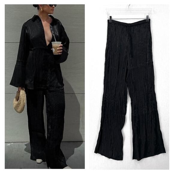 LE LOCAL EUROPEAN Crinkle Pants Womens Small Black Pull On Drawstring Glossy NEW - Picture 1 of 15